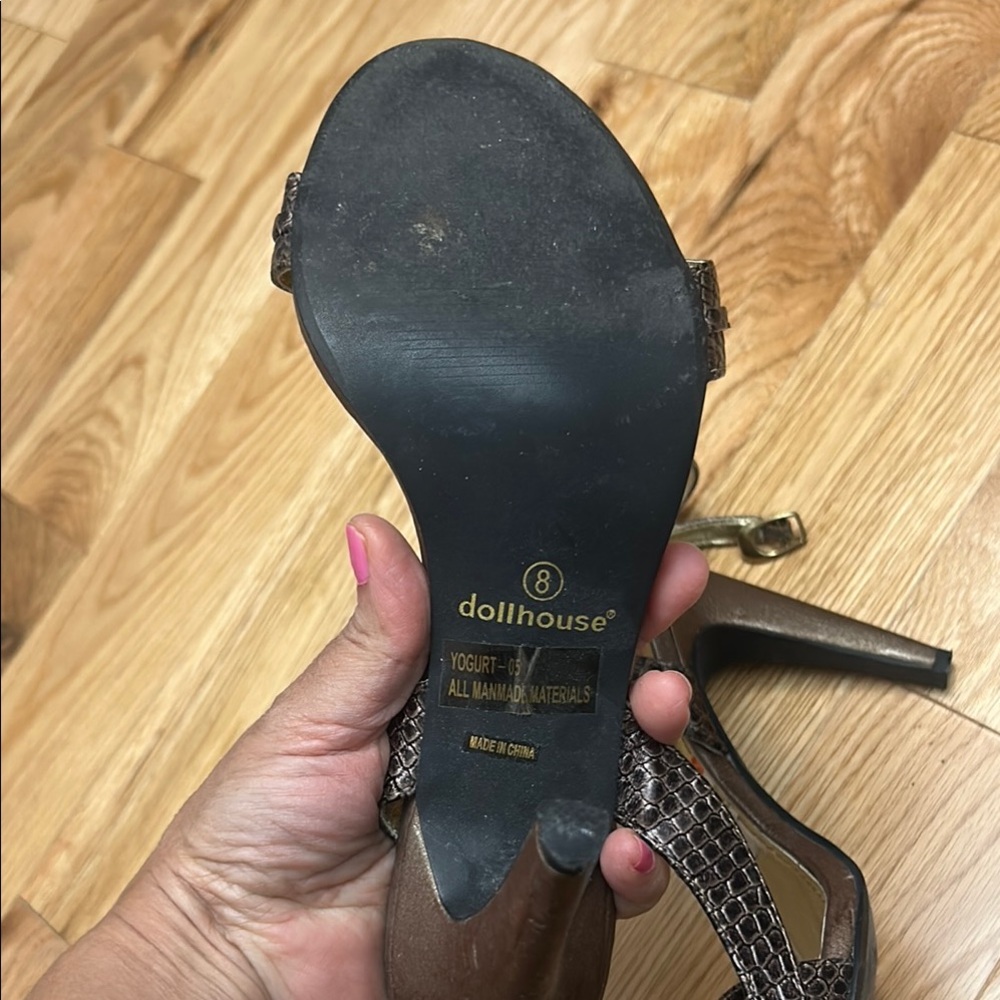 Dollhouse Brown and Gold Heels with Ankle Strap - Picture 11 of 17